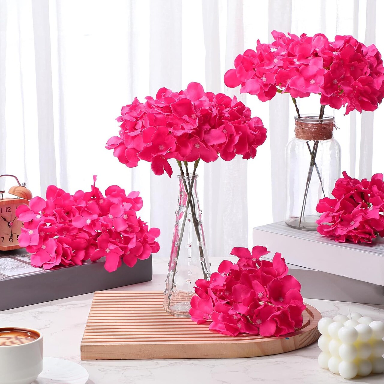 Spring Table Top Decor – 100 Pcs Rose Red Artificial Hydrangea Flowers with Stems, Silk Faux Hydrangea Heads for Wedding Centerpieces, Bouquets & Party Decorations
